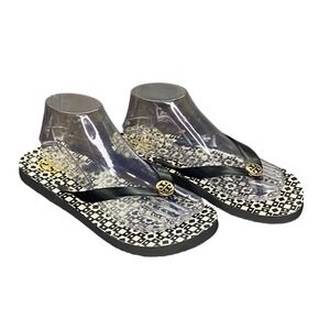Tory Burch Black White Geometric Logo Flip Flop Sandals Gold Medallion Womens